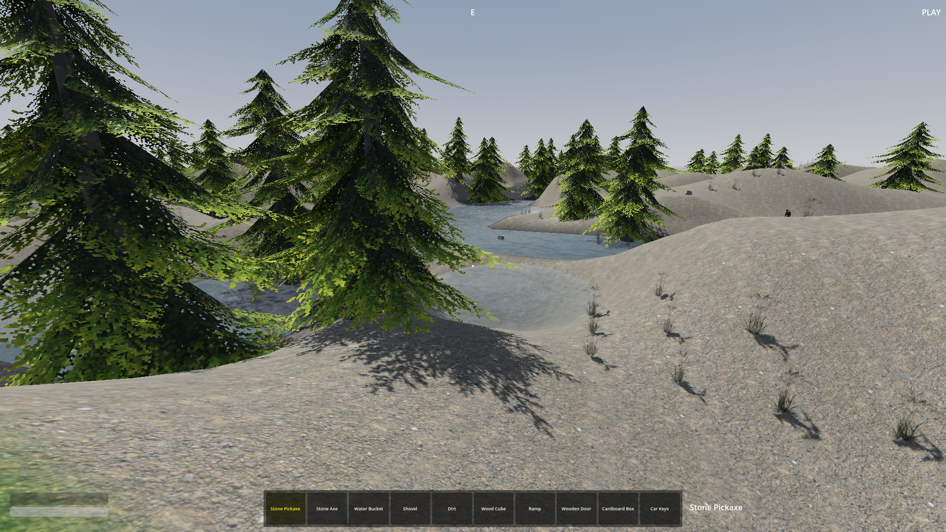 Game landscape with pine trees, a river, and sandy hills.
